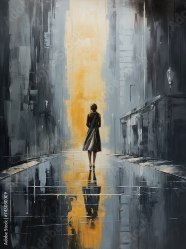 A painting depicting a woman walk down a rain-soaked street, with raindrops falling and glistening on the pavement.