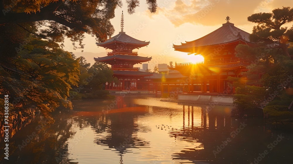 Fototapeta premium Serene japanese garden at sunset. traditional pagoda architecture. calm reflective pond. tranquil nature scene for relaxation and meditation. AI