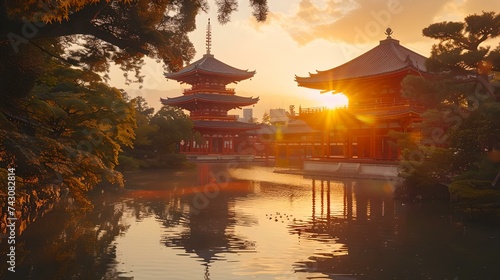 Serene japanese garden at sunset. traditional pagoda architecture. calm reflective pond. tranquil nature scene for relaxation and meditation. AI