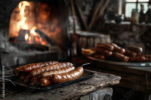 advertising product shot of fresh sausages, smoked sausages