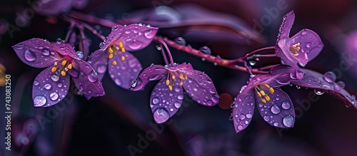 Close-up view of purple flowers of a Tradescantia pallida plant, commonly known as wandering jew, covered with droplets of water. photo