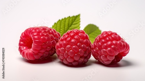 Three luscious raspberries captured in a close-up realistic photo against a white background Generative AI