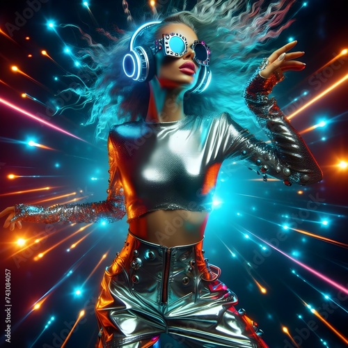 Zany futuristic lady wearing glowing headphones and avant Garde reflective sunglasses dancing crazily  © palangsi