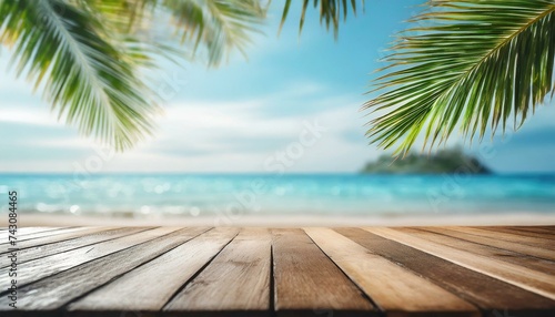 Top of wood table with seascape and palm leaves, blur bokeh light of calm sea and sky at tropical beach background