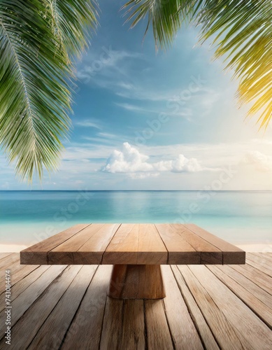 Top of wood table with seascape and palm leaves, blur bokeh light of calm sea and sky at tropical beach background © Marko