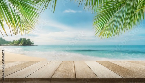 Top of wood table with seascape and palm leaves, blur bokeh light of calm sea and sky at tropical beach background