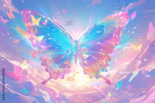 A vibrant purple butterfly, a vital pollinator and beautiful arthropod, gracefully soars in the sky among pink and violet petals