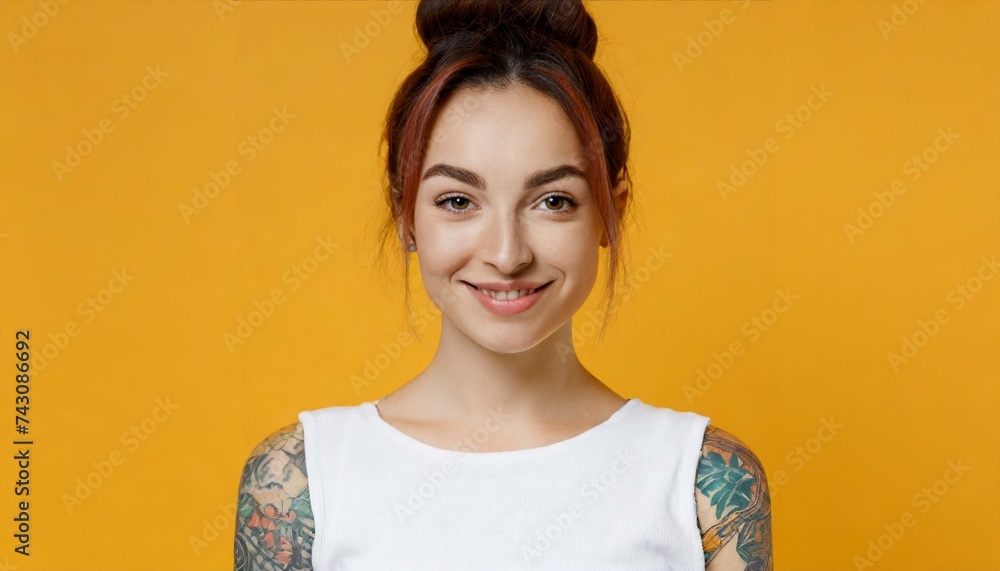 Young Smiling pretty girl beauty female gen z model beautiful face healthy skin and tattoo - obrazy, fototapety, plakaty 
