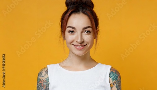 Young Smiling pretty girl beauty female gen z model beautiful face healthy skin and tattoo