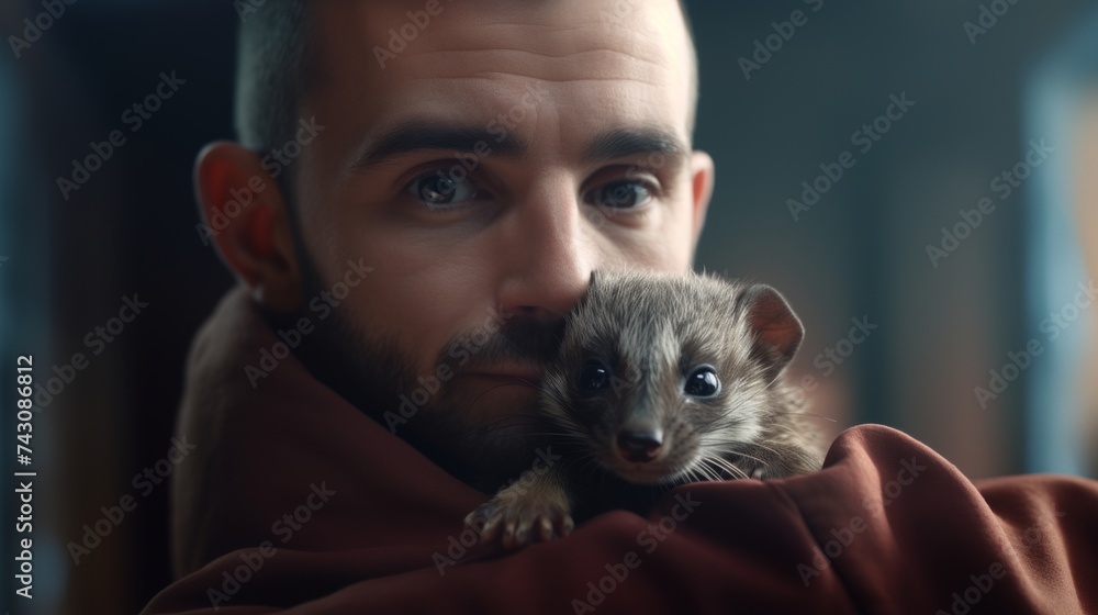 Generative AI Veterinarian holding a ferret, checking its health, compassionate expression, clinic backdrop Generative AI Veterinarian holding a ferret, checking its health, compassionate expression, clinic backdrop