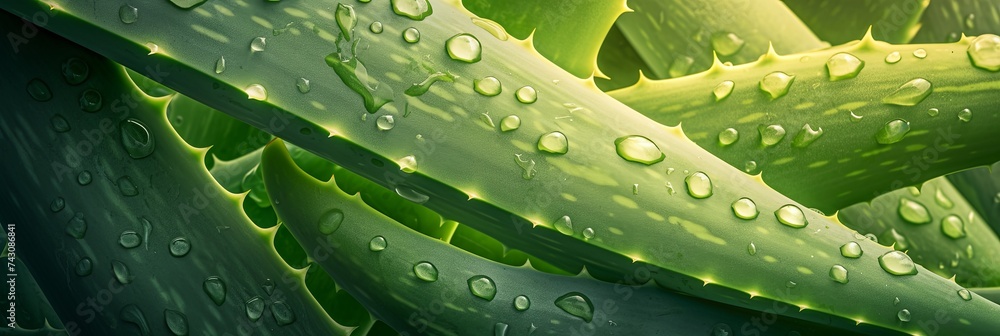 A close up of a green aloe vera plant with water drops on the leaves, displaying beautiful macro photography of this terrestrial houseplant, cosmetic concept, banner A close up of a green aloe vera plant with water drops on the leaves, displaying beautiful macro photography of this terrestrial houseplant, cosmetic concept, banner