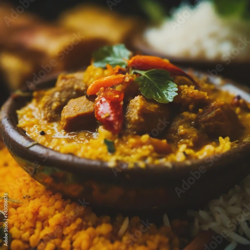 Indian Curry is a flavorful and aromatic dish, showcasing a diverse blend of spices and herbs, creating a delicious culinary experience. AI generation.