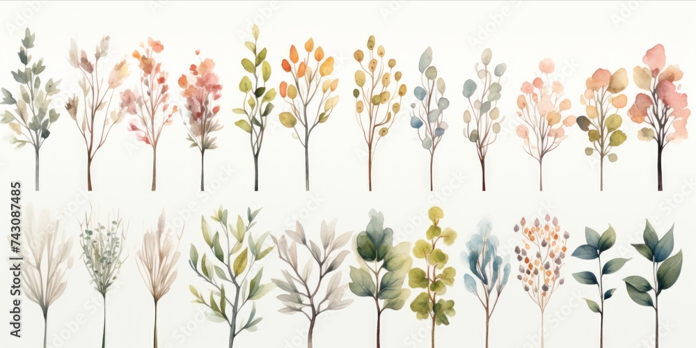 Generative AI Whimsical watercolor tree clipart - obrazy, fototapety, plakaty 