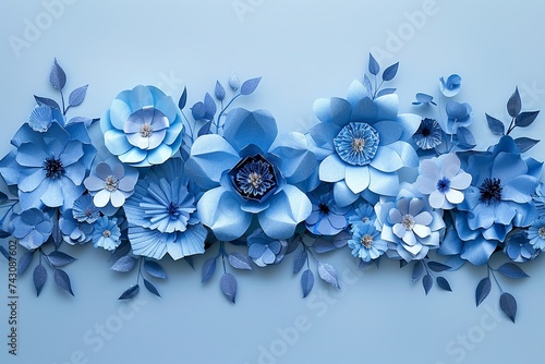 Explore an artistic representation of a background adorned with intricate blue paper flowers, designed with a designated empty space for text or personalized messages