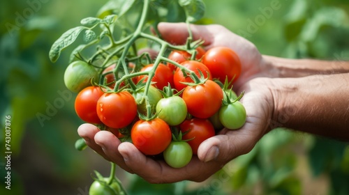 close-up of male hands holding a handle of cherry tomatoes, harvesting in a greenhouse Generative AI