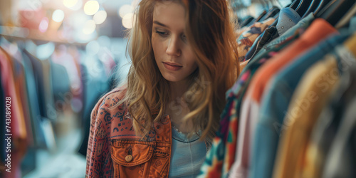 Thoughtful Woman Browsing in assortment of second-hand clothing on hangers. Young woman shopping, choosing clothes in a retail store. © dinastya