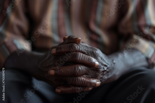 Close-up of an Unidentified African-American Man's Clasped Hands Resting on His Knees © bomoge.pl
