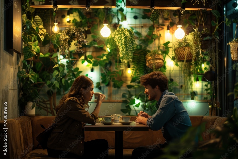 Intimate Moment of a Couple Enjoying Coffee and Desserts in a Cozy Cafe Interior Intimate Moment of a Couple Enjoying Coffee and Desserts in a Cozy Cafe Interior
