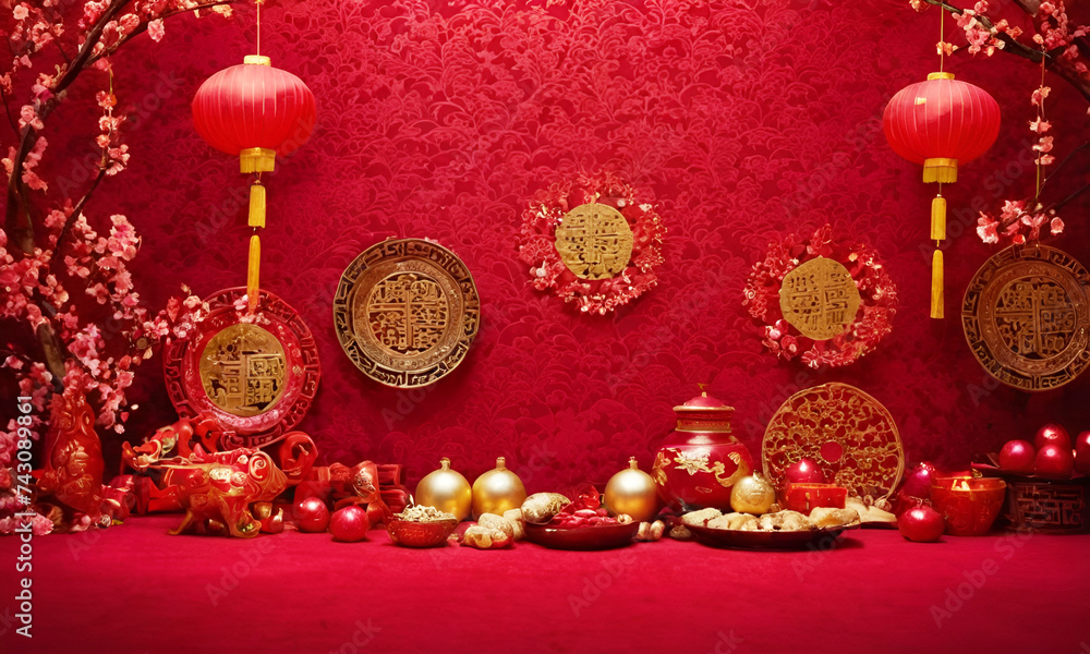 Chinese New Year Festival Background with Red Decorations. Chinese New Year Festival Background with Red Decorations.