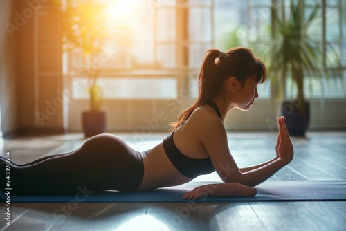 Tranquil Asian Woman Practicing Yoga in a Sunlit Room