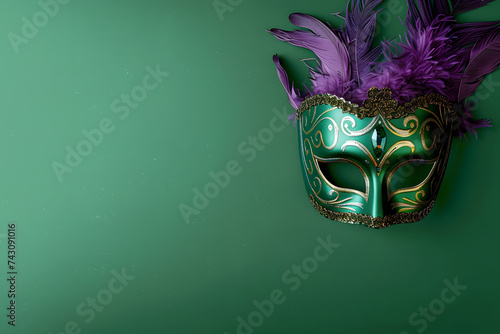 Carnival mask on a green background, suitable for design with copy space, Mardi Gras celebration.
