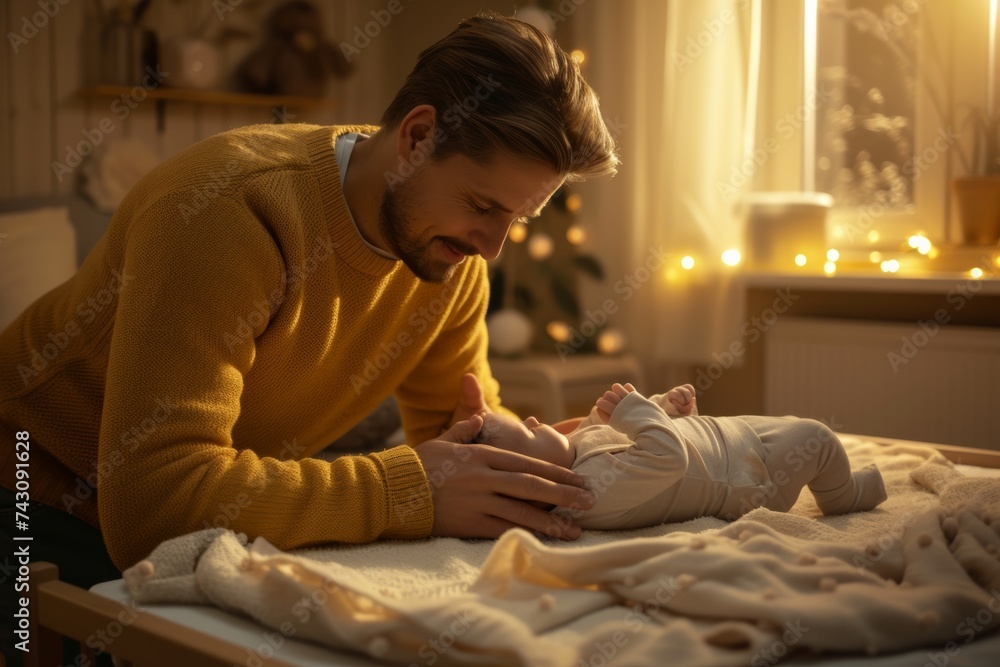 Obraz premium Attentive Father Changing Baby's Diaper and Clothes at Home