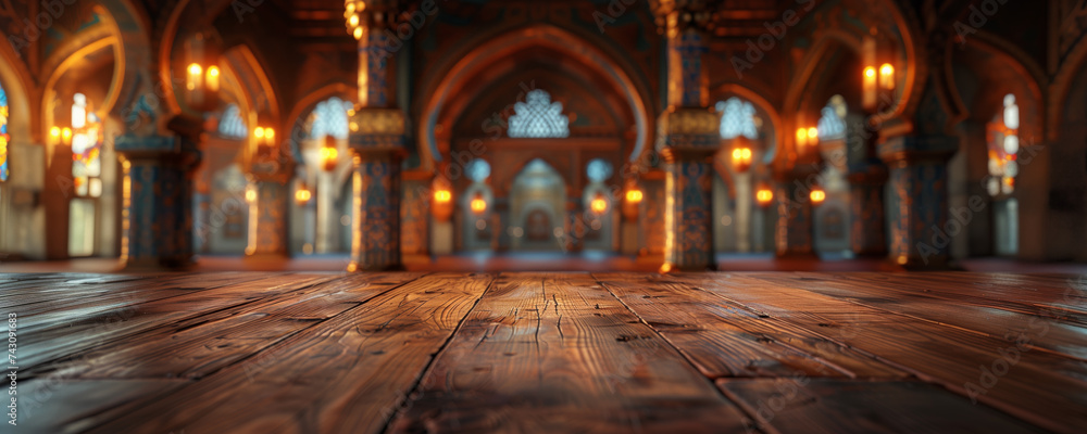 Obraz premium Ramadan Mubarak background. Islamic Mosque interior architecture or Masjid place of worship and prayer. Festive Muslim holy month happy holidays greeting card, invitation or banner backdrop. 8k .