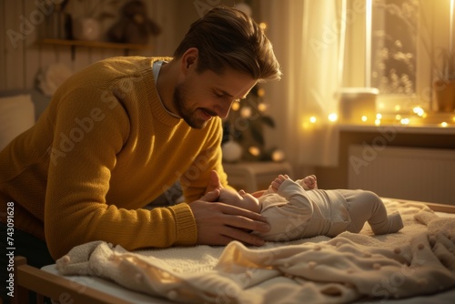 Attentive Father Changing Baby's Diaper and Clothes at Home