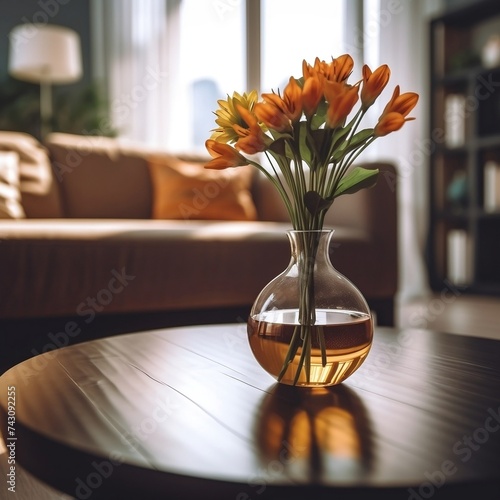 Orange Tulips in a Vase on a Wooden Table
