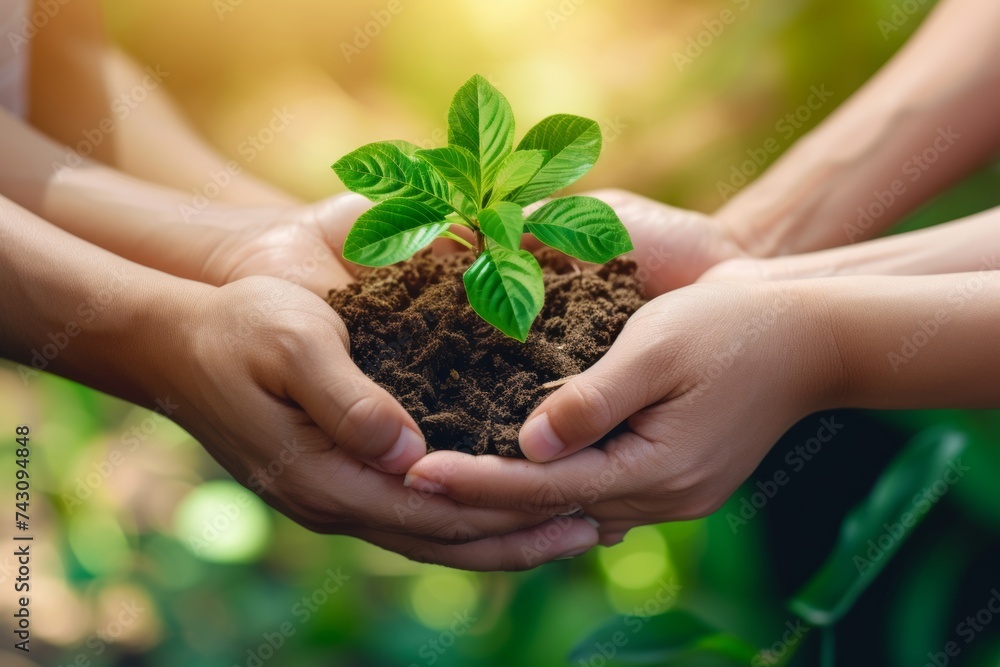 Diverse Hands Cradling Young Plant Against Blurred Background Diverse Hands Cradling Young Plant Against Blurred Background