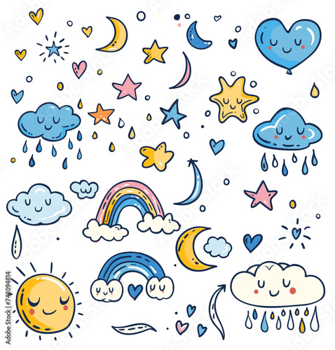 Cute hand drawn doodle weather elements. Vector illustration.