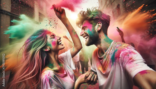 A couple on Holi festival, dressed from head to toe in bright festive colors. Their faces turned to each other, eyes sparkling with happiness, and mouths open with laughter. The air around them is fil