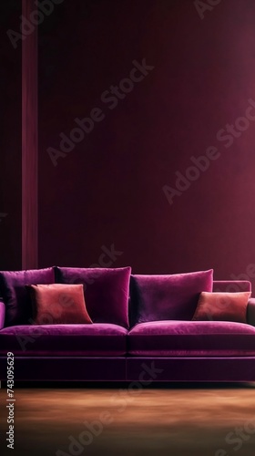 Modern Purple Sofa in a Dimly Lit Room with Red Walls
