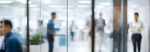 Blurred office with people working behind glass wall