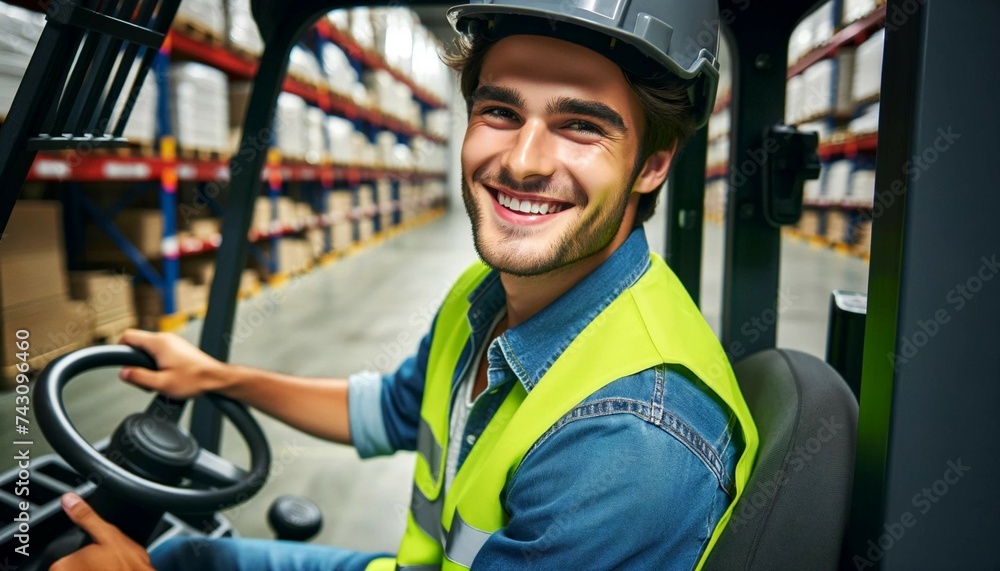 A smiling young man is in a forklift, ready for operation in a warehouse environment. A smiling young man is in a forklift, ready for operation in a warehouse environment.
