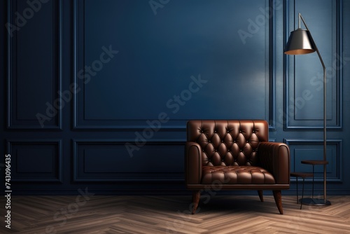 A mock up of a navy blue classic wainscoted wall with dark brown parquet floor, a golden lamp and a brown vintage leather armchair. Elegant interior background. photo