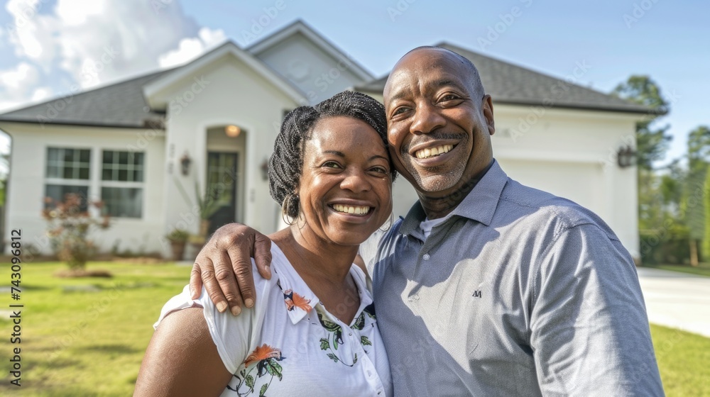 Happy Homeowners in Front of Their Suburban House: new homeowners smiling, suburban home backdrop, residential joy Happy Homeowners in Front of Their Suburban House: new homeowners smiling, suburban home backdrop, residential joy