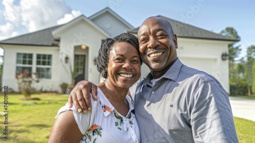 Happy Homeowners in Front of Their Suburban House: new homeowners smiling, suburban home backdrop, residential joy