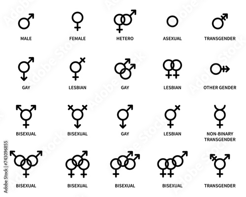 Gender symbol set vector gender icons collection in black color with names on white background. Gender and sexual orientation identity vector illustration symbol sign - Vector Icon