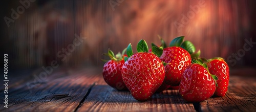 A collection of vibrant red ripe strawberries resting on top of a gorgeous wooden table. The juicy fruits are neatly arranged and ready to be enjoyed.