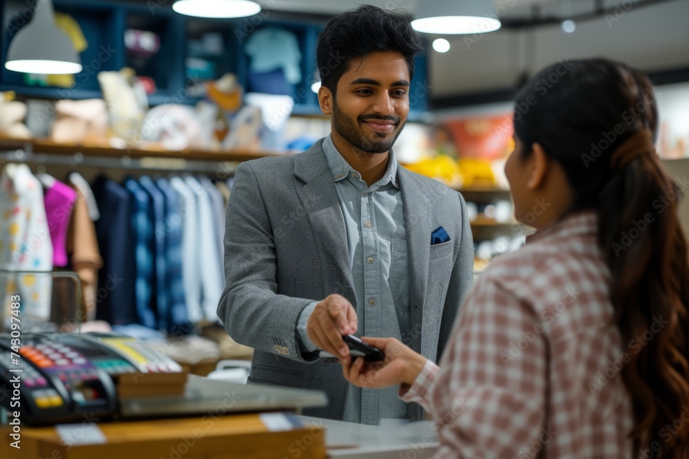 Indian Man in Formal Attire Making a Mobile Payment at a Clothing Store Indian Man in Formal Attire Making a Mobile Payment at a Clothing Store