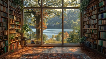 scenic bookshelf background of interior home office library study window views of trees with water lake scenery. Bookshelves in contemporary room. Online virtual presentation meeting room background.