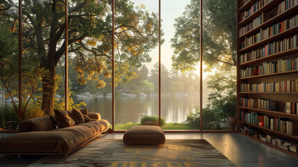 scenic bookshelf background of interior home office library study with window views of trees with water lake scenery backdrop. Bookshelves in room. Online virtual presentation meeting room background.