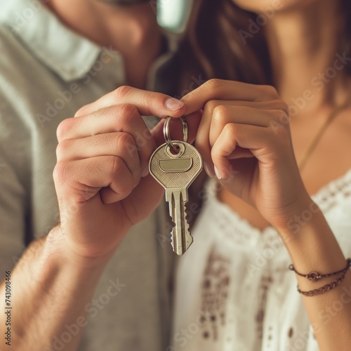 A young couple holds happily a key to their new home which they were. Happy housewarming concept. Shot of a young couple hugging while showing their new house keys at home.