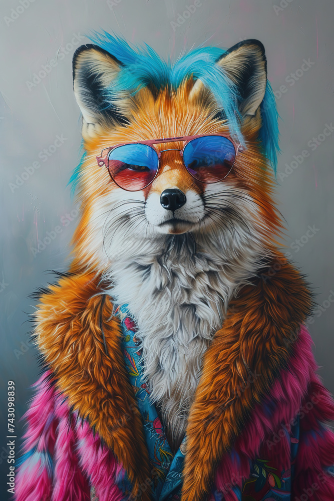 Fox dressed in bohemian clothes in boho style