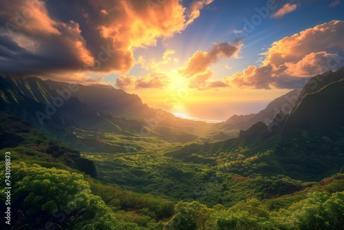 Majestic Sunset Over Kalalau Valley, Kauai Island, with Lush Green Mountains and Vibrant Sky photo