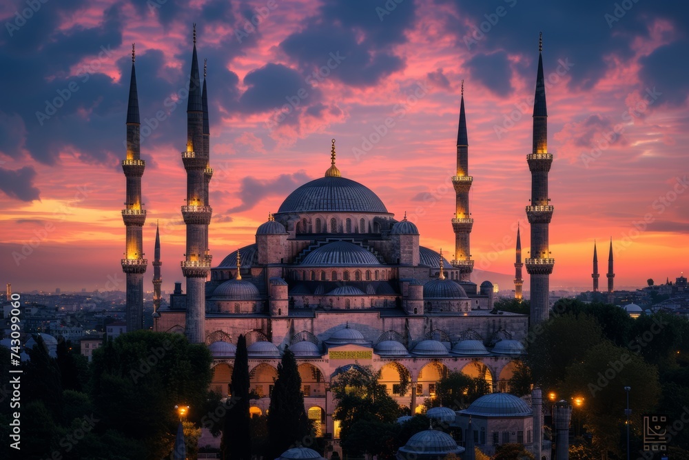 Fototapeta premium Majestic View of the Blue Mosque at Sunset in Istanbul, Turkey