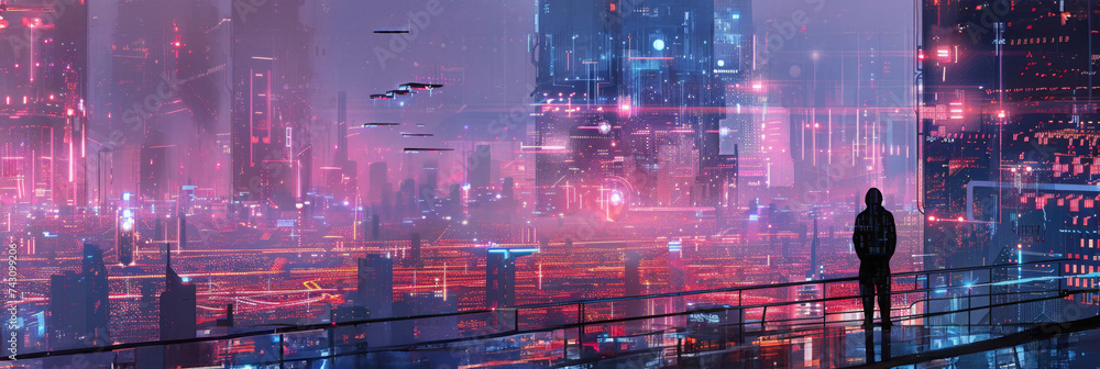 Neon Cyber Data Cityscape - A vibrant neon depiction of a futuristic cyber data city with a lone figure contemplating the digital age