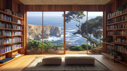 ocean bookshelf background of interior retirement home office library study window view of trees and beach coast backdrop. Bookshelves view. Online virtual presentation meeting room background
