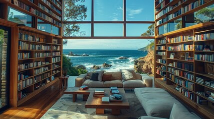 ocean bookshelf background of interior retirement home office library study with window of trees with beach scenery. Bookshelves in room. Online virtual presentation teams meeting room background